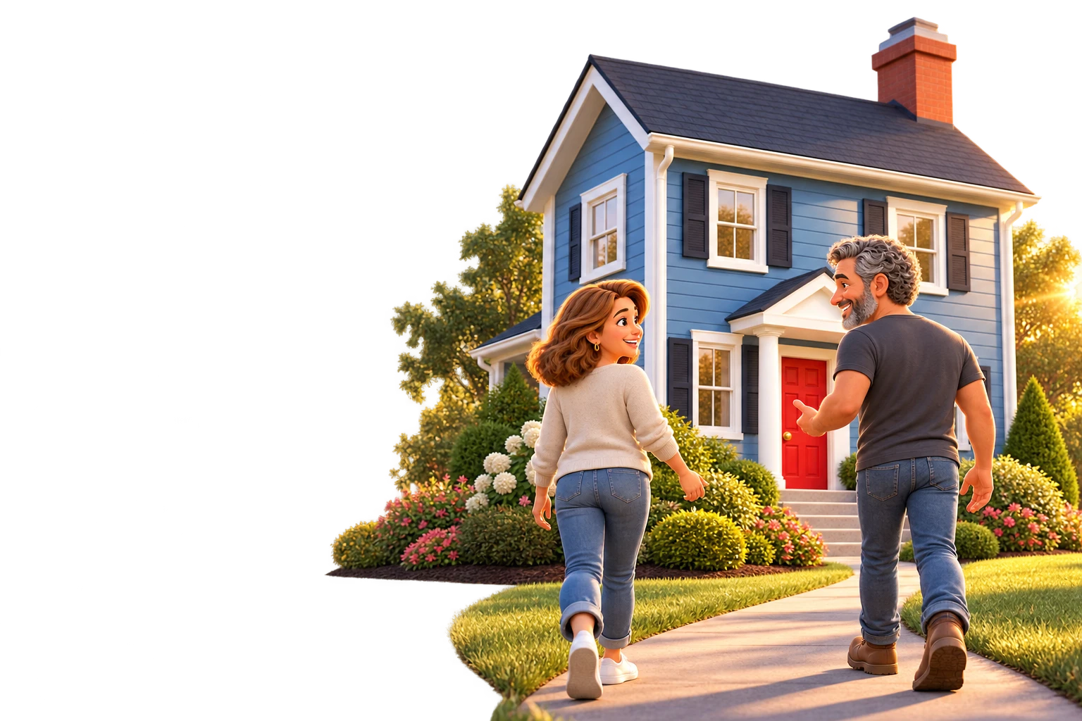 A homeowner and a friendly local buyer walking up to a house together