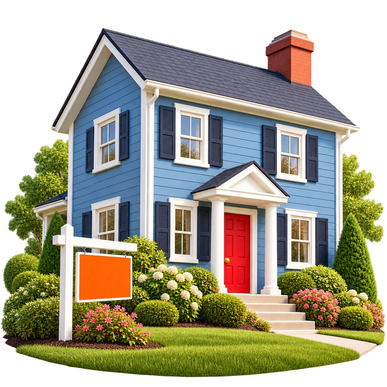 A renovated blue house with a sold sign