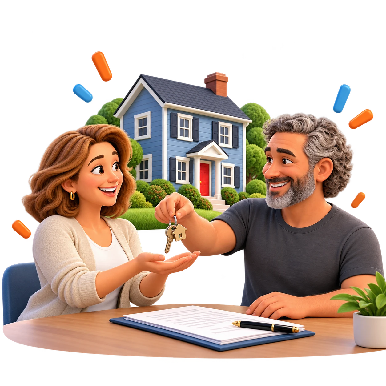 A happy homeowner receiving keys and payment at a table