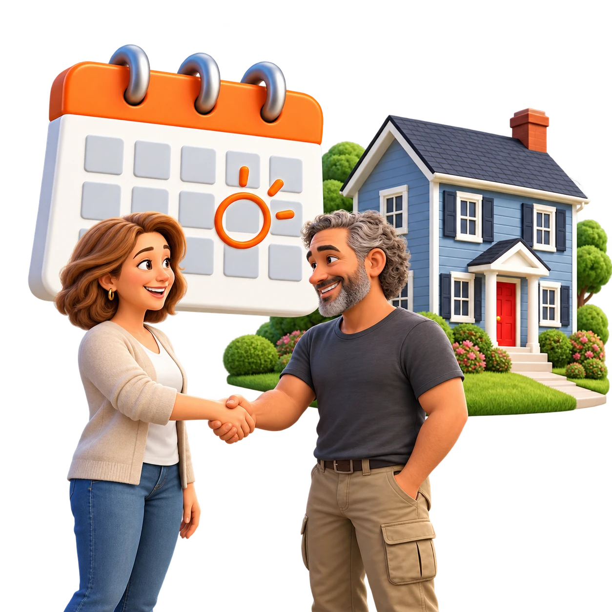 A homeowner and a buyer shaking hands next to a calendar
